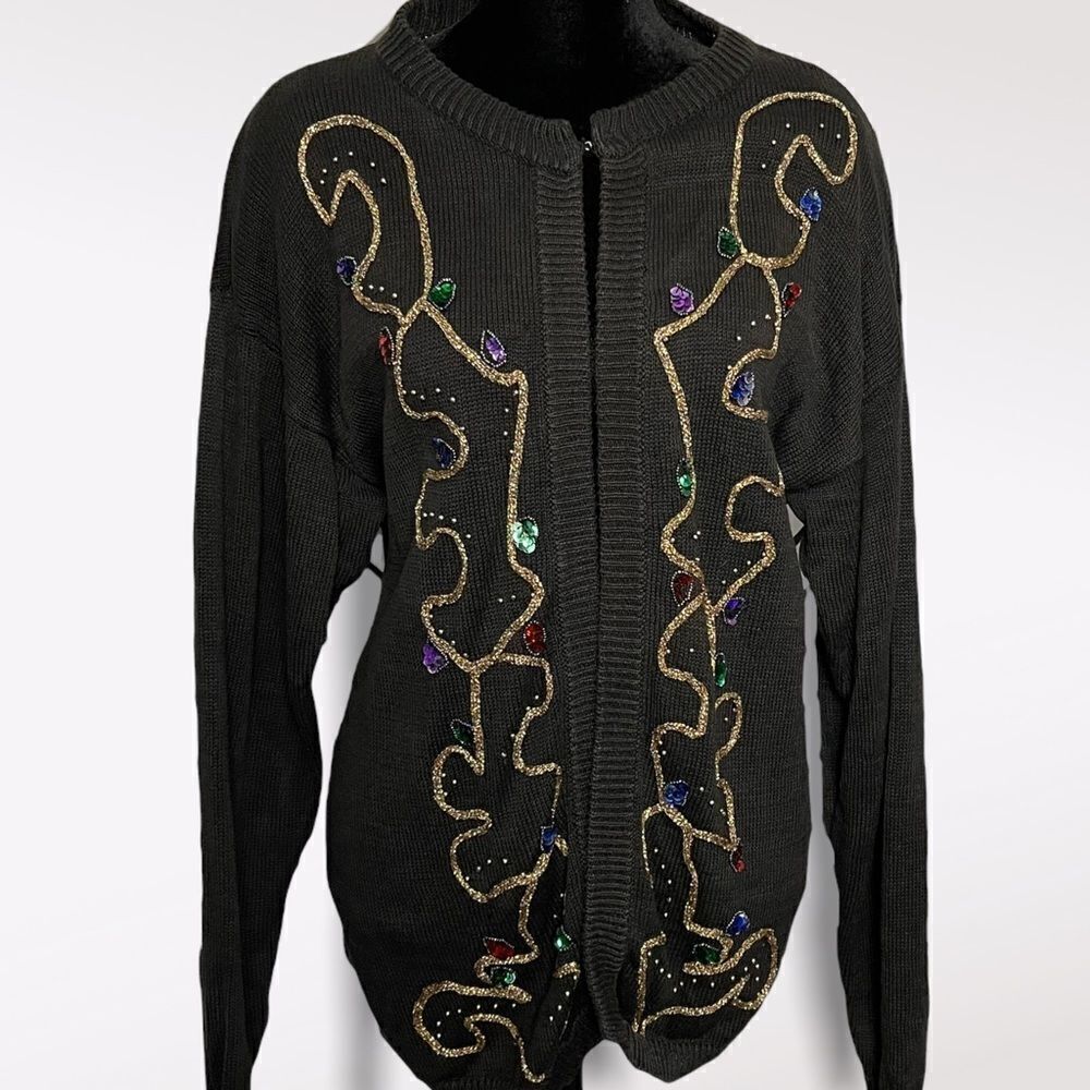 Ugly Christmas Sweater Cardigan One Hook Closure Embroidered Size Medium Rope